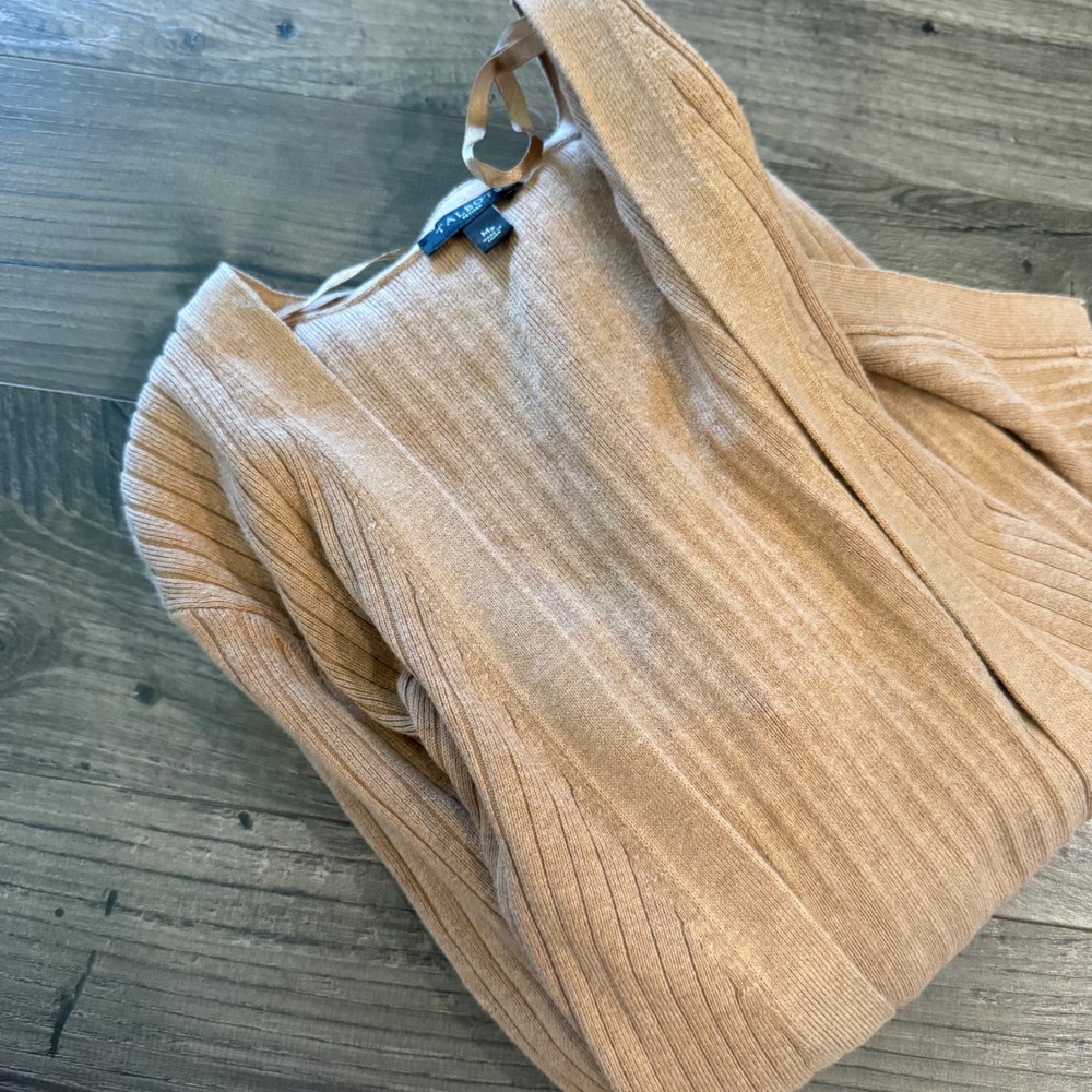 Talbots Petites Camel Ribbed Long Open Front Cardigan Gold Button Cuff MP duster